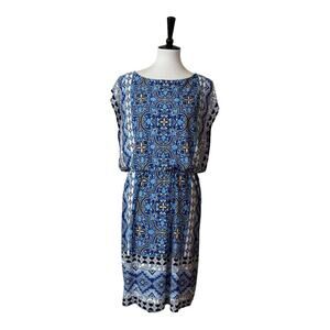 Chico’s Women’s Dress Blouson Waist Dolman Sleeves Blue Multi Size 1 - Small